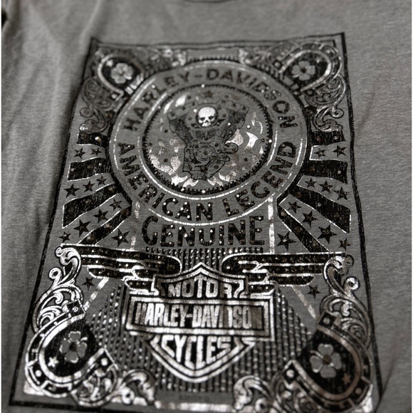 Harley Davidson Rhinestone Shirt Sleeve Gray Black Skull Motorcycle Sz Large - Picture 11 of 12